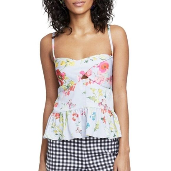 Rachel Roy -215 Womens Floral Sweetheart‎ Neck Peplum Blouse Size 8 Morning Blue - Picture 1 of 11